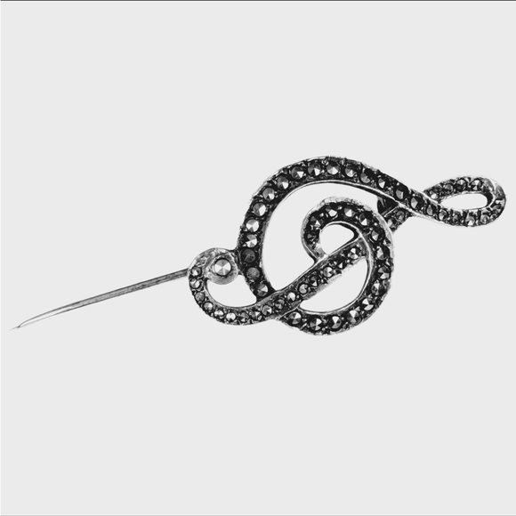 Silver & Marcasite Treble Clef Pin Brooch - Picture 6 of 12